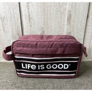 Life Is Good Maroon Toiletry Makeup Bag With Zippered Compartments & Handle